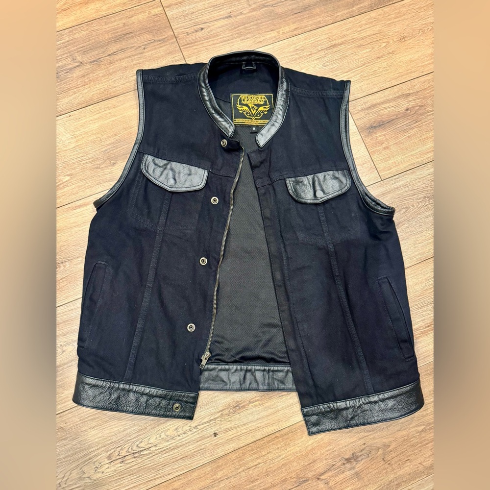 Black Leather Trim Denim Biker Vest